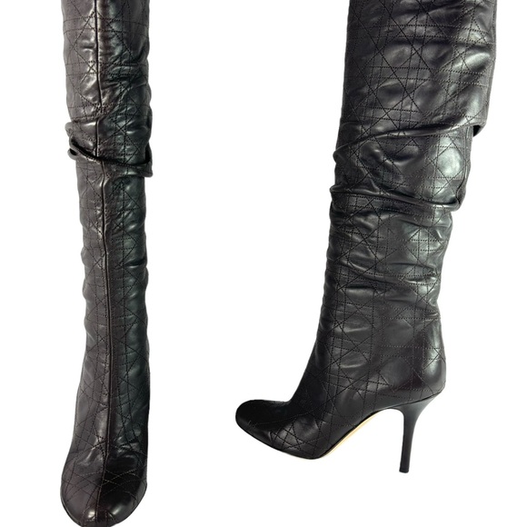 CHRISTIAN DIOR Quilted Brown Leather Cannage Slouch Women's Boots 37.5 - 7.5 US - Picture 1 of 15